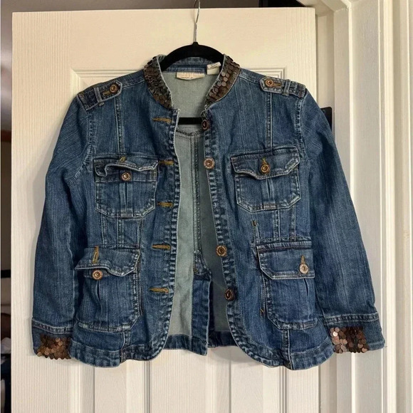 DKNY Jeans Blue Wash Button Up 3/4 Sleeve Jean Jacket Women S With Sequins - Picture 1 of 6